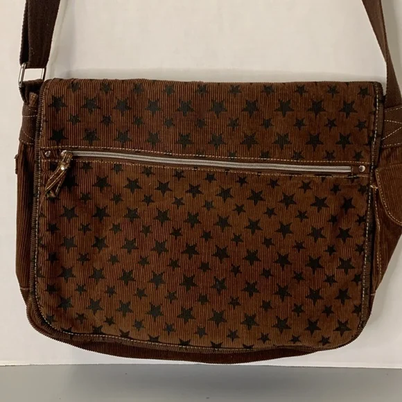 BONGO Brown Corduroy Star Pattern Messenger Bag adjustable strap - Picture 3 of 12